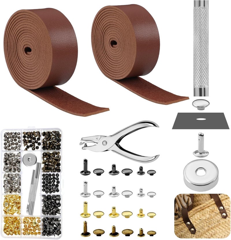 SilTriangle 363 Pcs Leather for Crafts Kit 140 Inches Leather Straps Flat with Wide 360 Rivets and 1 Double Rivet Tubular Setting Tool for DIY Bags Craft Repairs Decoration - Image 1